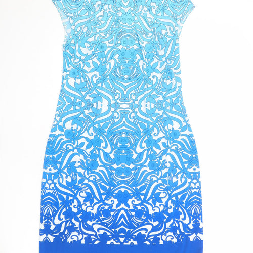 M&Co Womens Blue Geometric Polyester Shift Size 10 Boat Neck Button