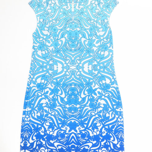 M&Co Womens Blue Geometric Polyester Shift Size 10 Boat Neck Button