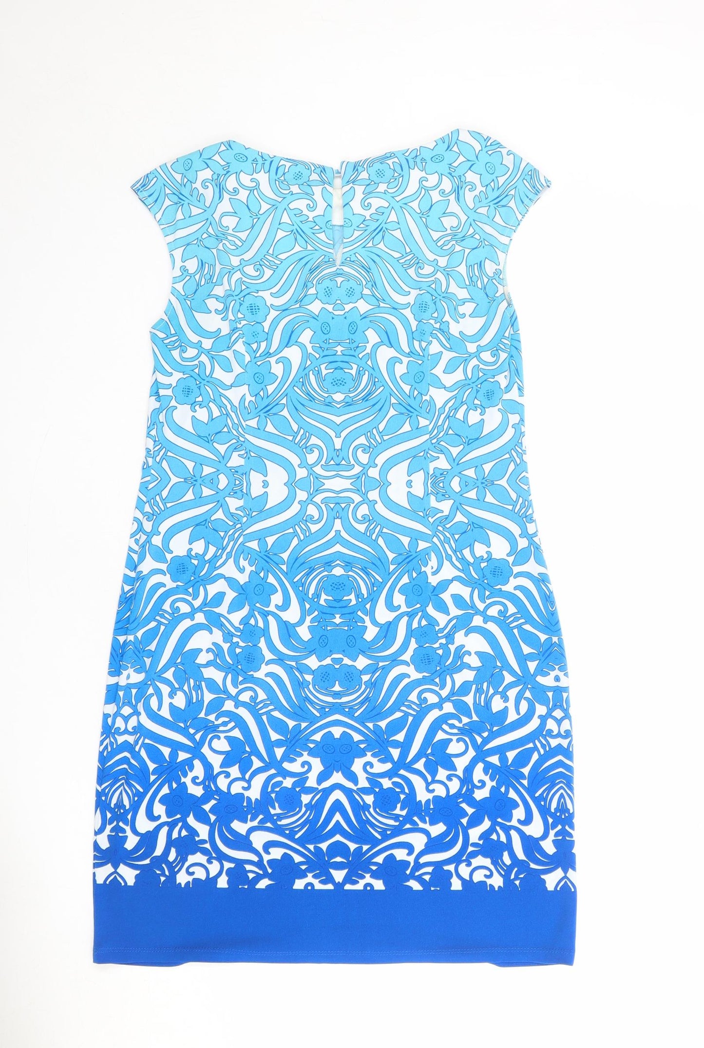 M&Co Womens Blue Geometric Polyester Shift Size 10 Boat Neck Button