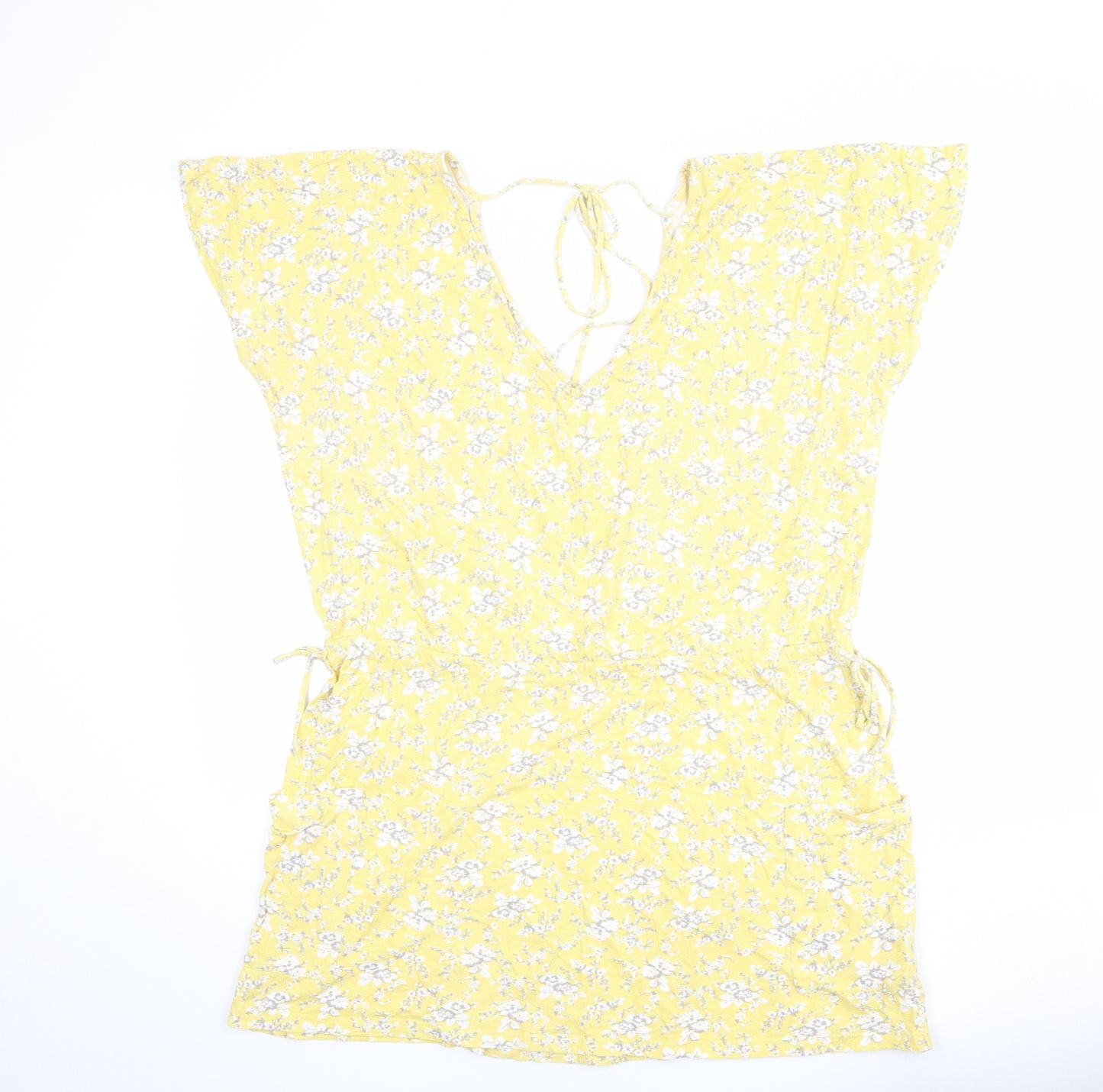 NEXT Womens Yellow Floral Cotton T-Shirt Dress Size 18 V-Neck Tie