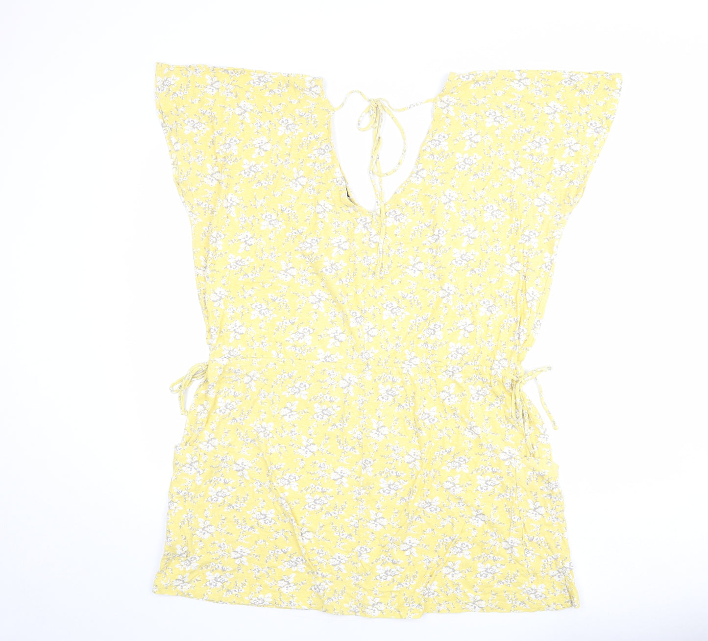NEXT Womens Yellow Floral Cotton T-Shirt Dress Size 18 V-Neck Tie