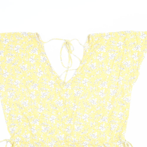 NEXT Womens Yellow Floral Cotton T-Shirt Dress Size 18 V-Neck Tie