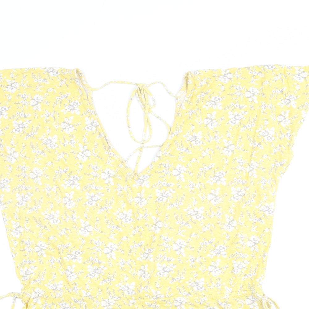 NEXT Womens Yellow Floral Cotton T-Shirt Dress Size 18 V-Neck Tie
