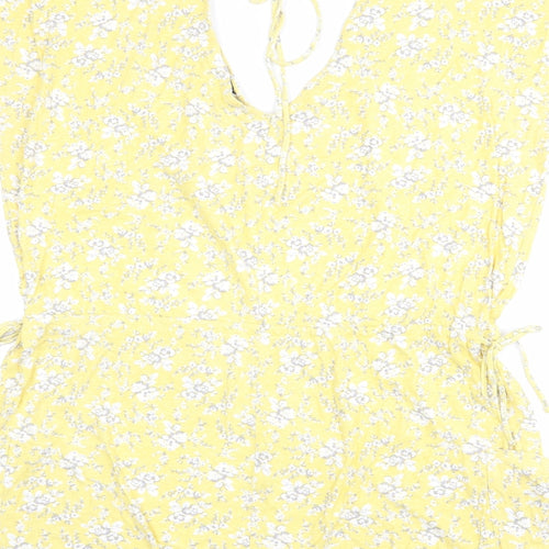 NEXT Womens Yellow Floral Cotton T-Shirt Dress Size 18 V-Neck Tie