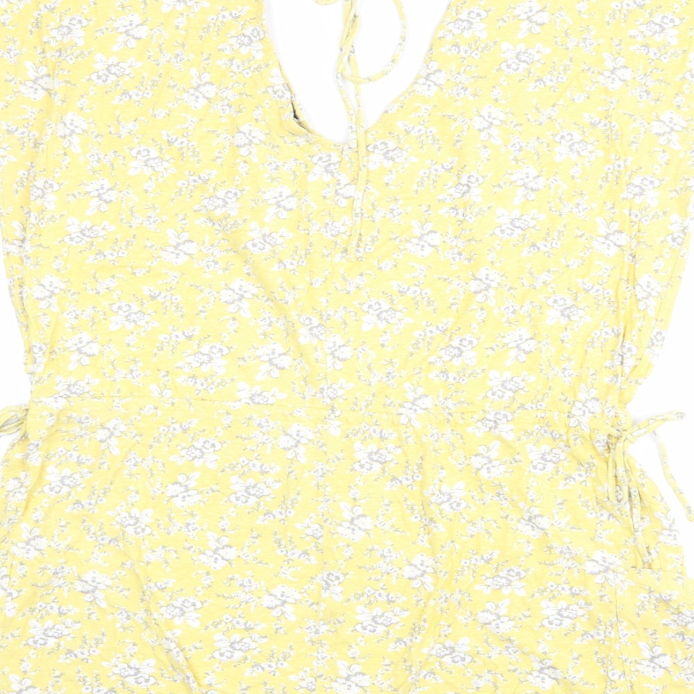 NEXT Womens Yellow Floral Cotton T-Shirt Dress Size 18 V-Neck Tie