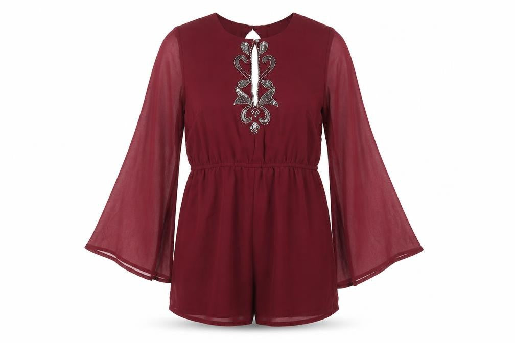 Front view of Maya women’s red polyester playsuit one-piece, size UK 12, 30-inch leg button - open back