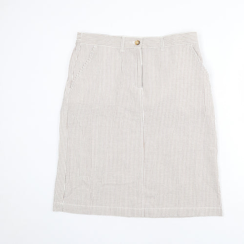 Cotton Traders Womens Beige Striped Cotton A-Line Skirt Size 14 Zip