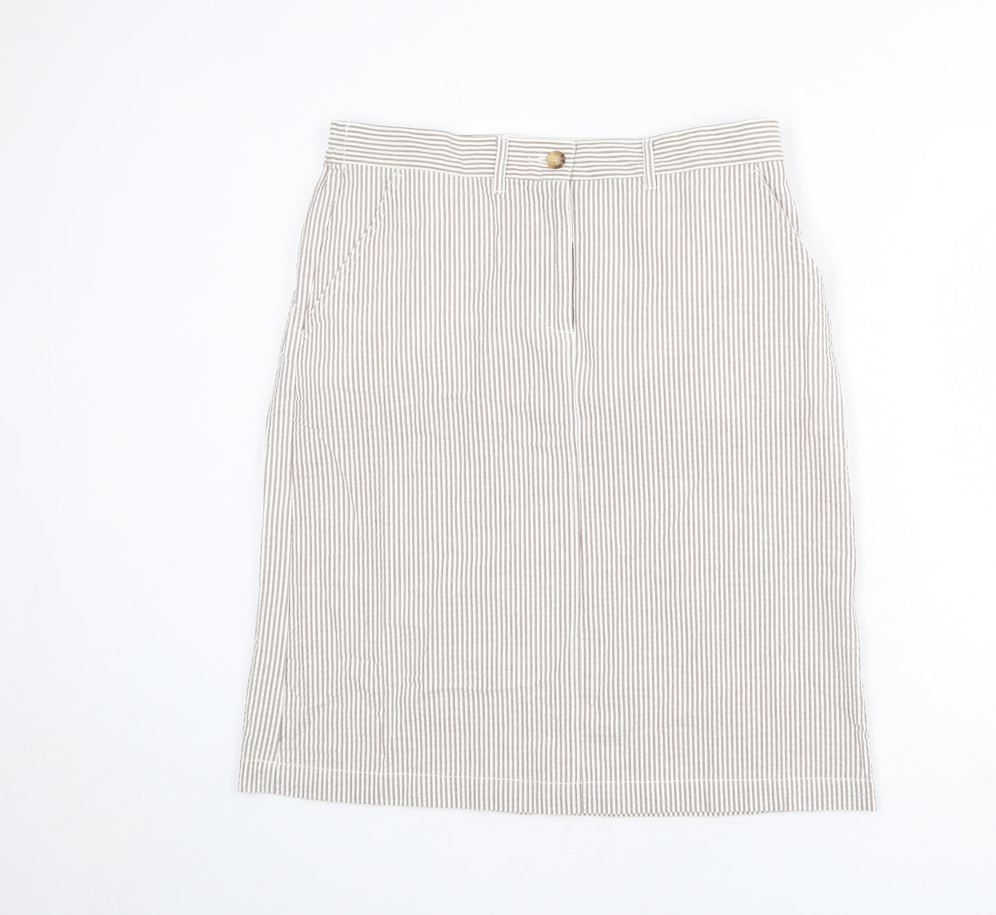 Cotton Traders Womens Beige Striped Cotton A-Line Skirt Size 14 Zip