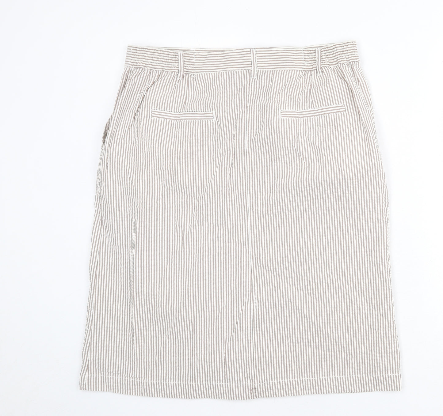 Cotton Traders Womens Beige Striped Cotton A-Line Skirt Size 14 Zip