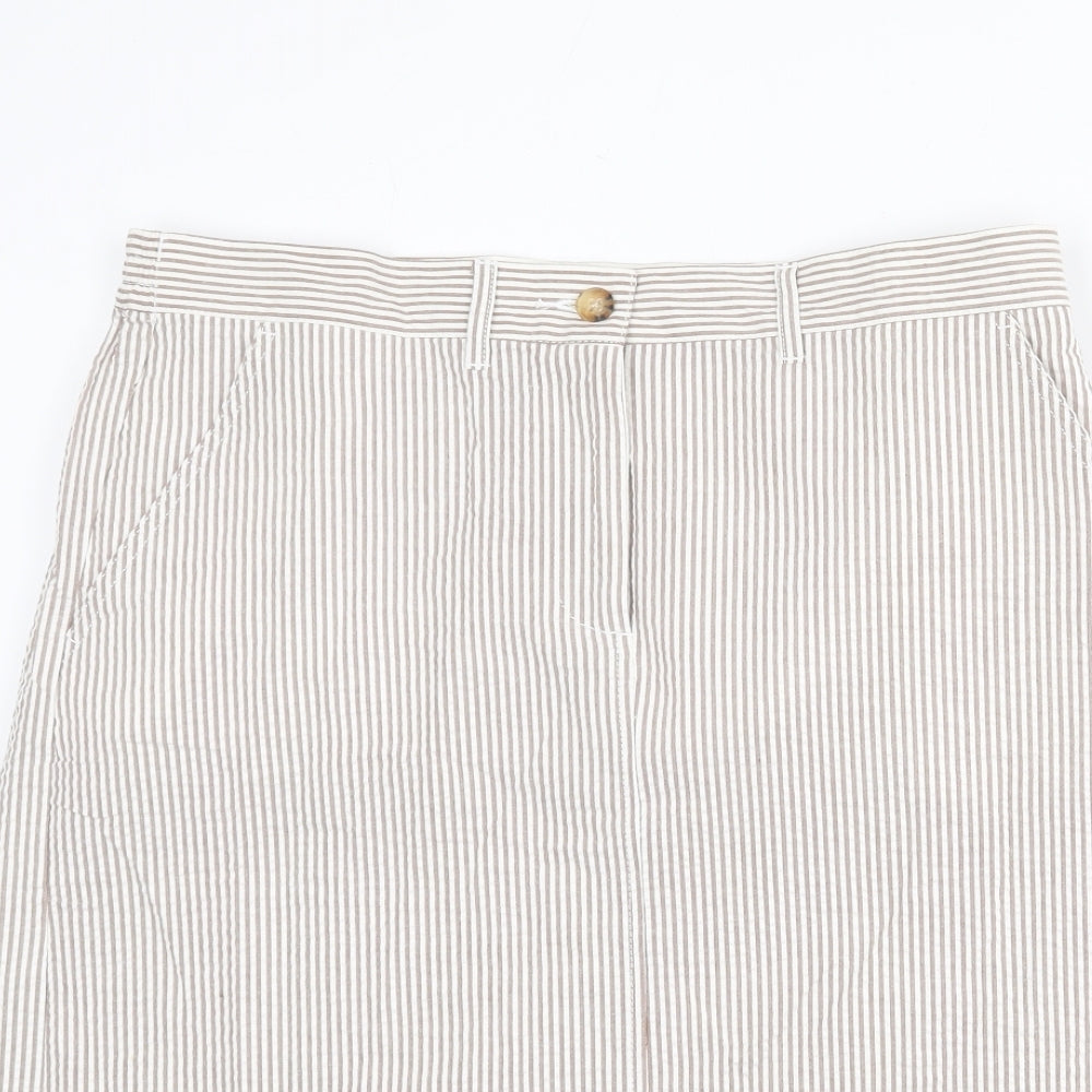 Cotton Traders Womens Beige Striped Cotton A-Line Skirt Size 14 Zip