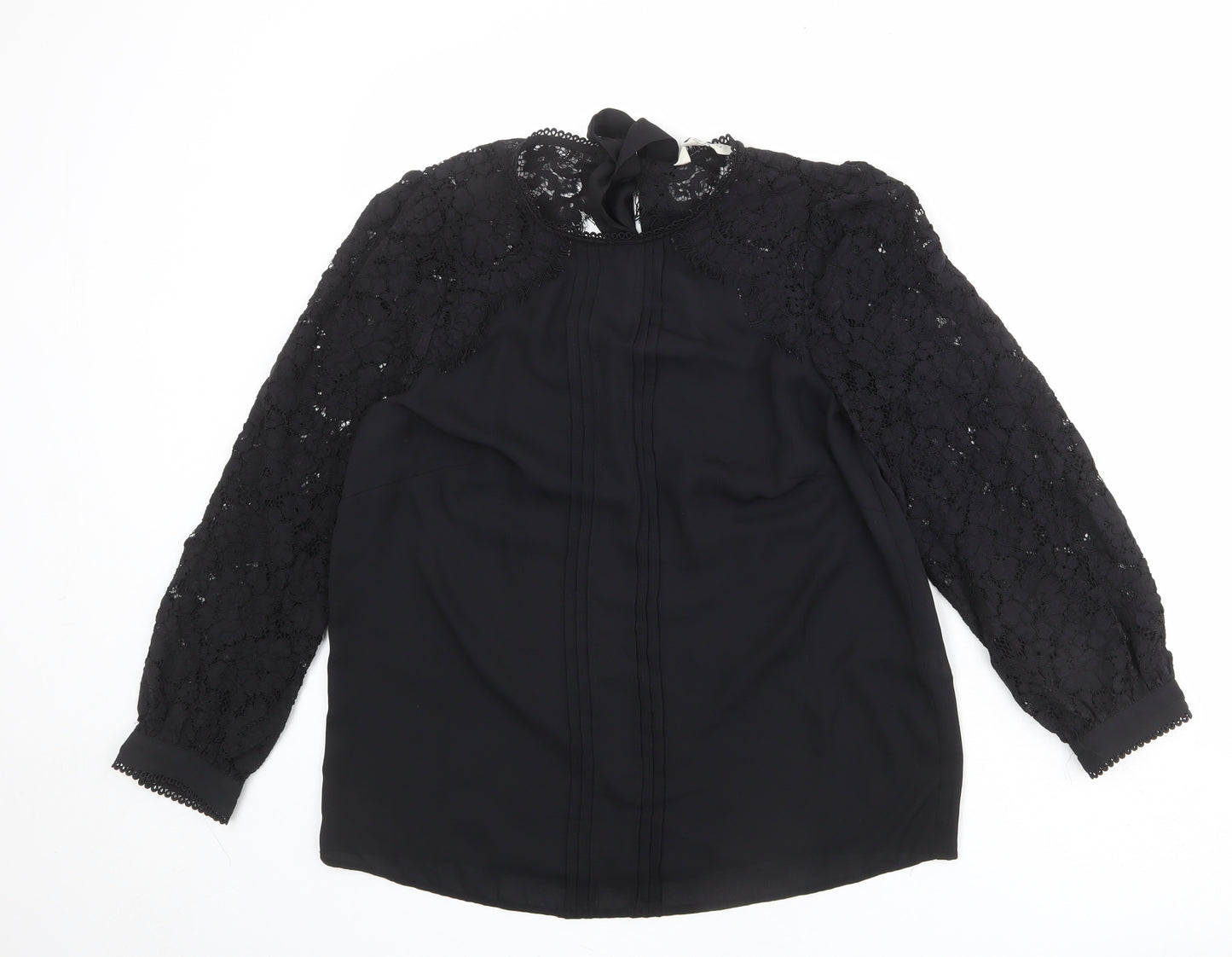 Love & Roses Womens Black Polyester Basic Blouse Size 12 Round Neck - Lace Neckline and Sleeve