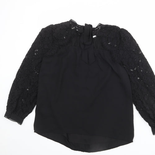 Love & Roses Womens Black Polyester Basic Blouse Size 12 Round Neck - Lace Neckline and Sleeve