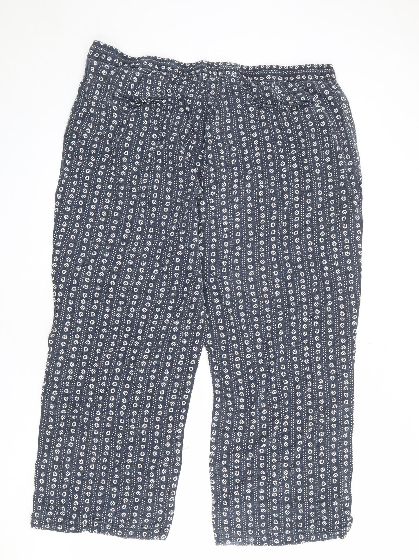 Bonmarché Womens Blue Geometric Linen Cropped Trousers Size 22 L24 in Regular Drawstring