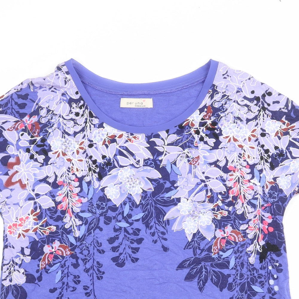 Per Una Womens Blue Floral Viscose Basic T-Shirt Size 12 Round Neck