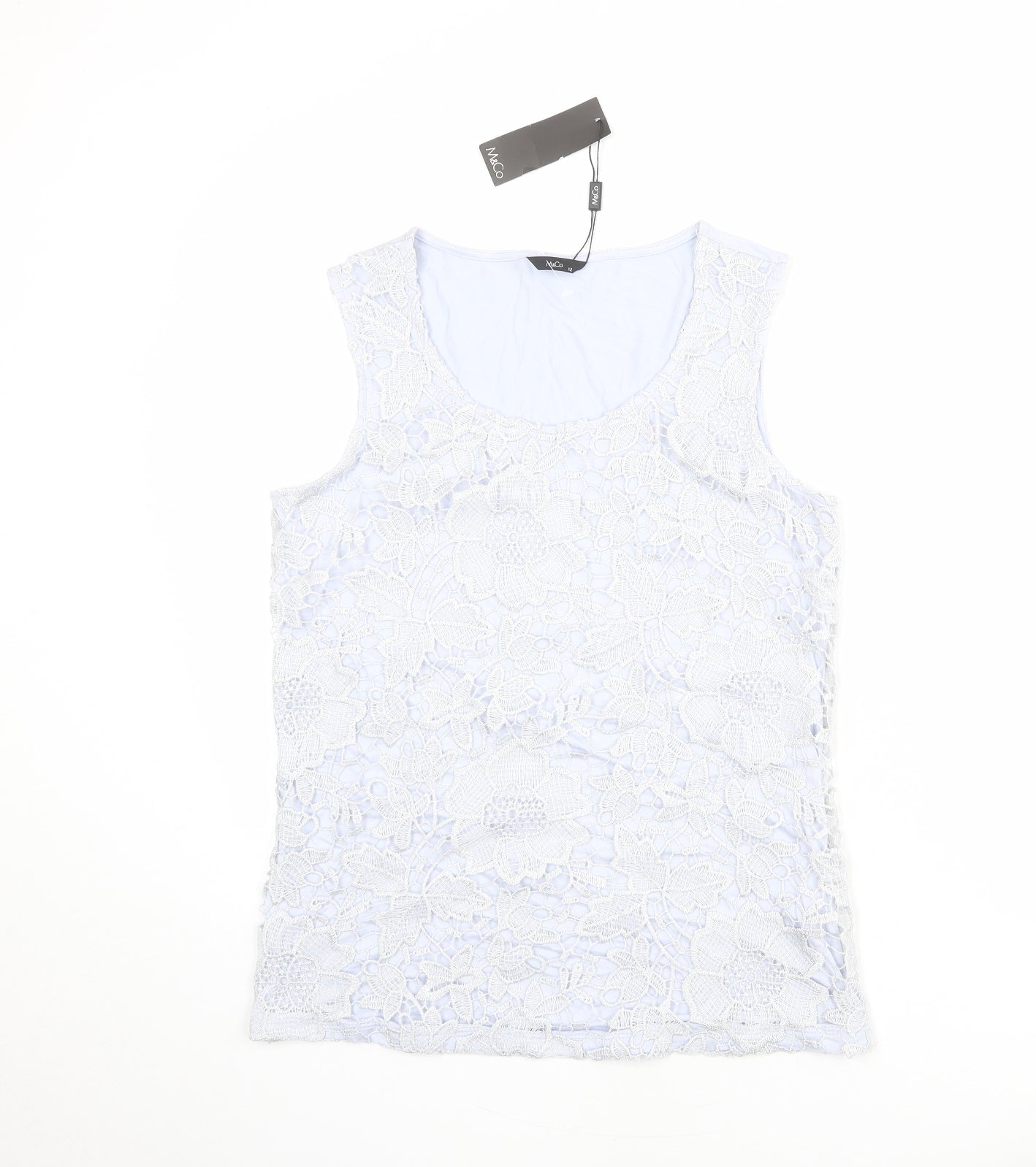 M&Co Womens Blue Floral Polyester Basic Tank Size 12 Scoop Neck