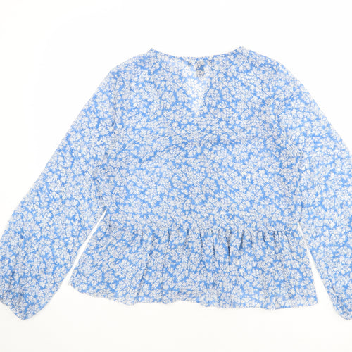 New Look Womens Blue Floral Polyester Basic Blouse Size 12 V-Neck