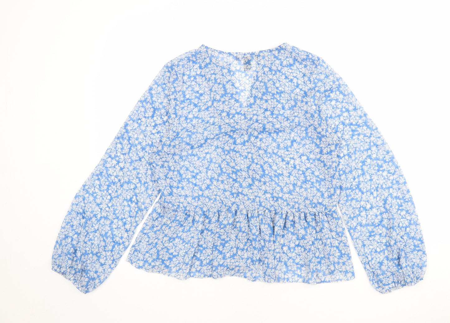 New Look Womens Blue Floral Polyester Basic Blouse Size 12 V-Neck