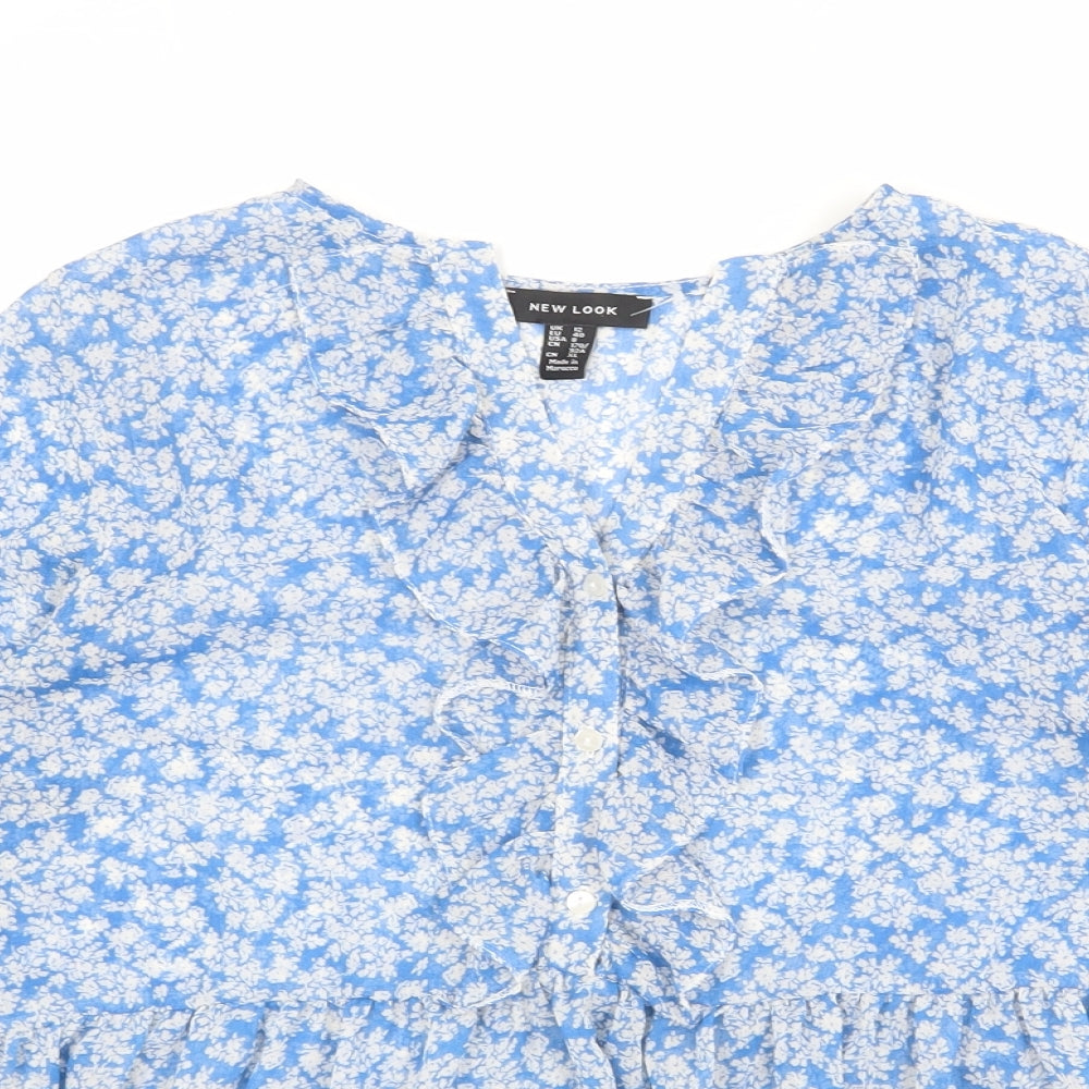 New Look Womens Blue Floral Polyester Basic Blouse Size 12 V-Neck