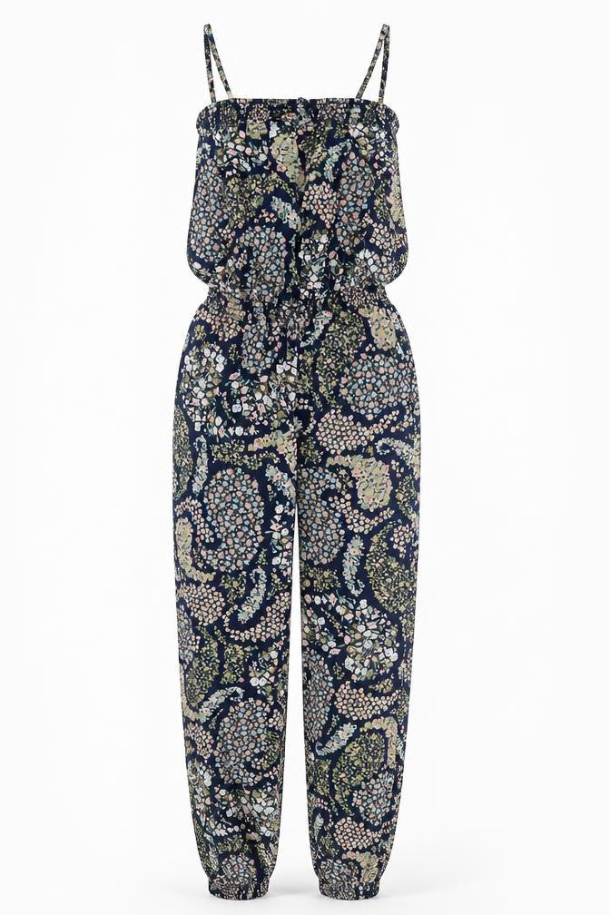 Front view of H&M women’s multicoloured geometric polyester jumpsuit one-piece, size UK 10, 26-inch leg tie