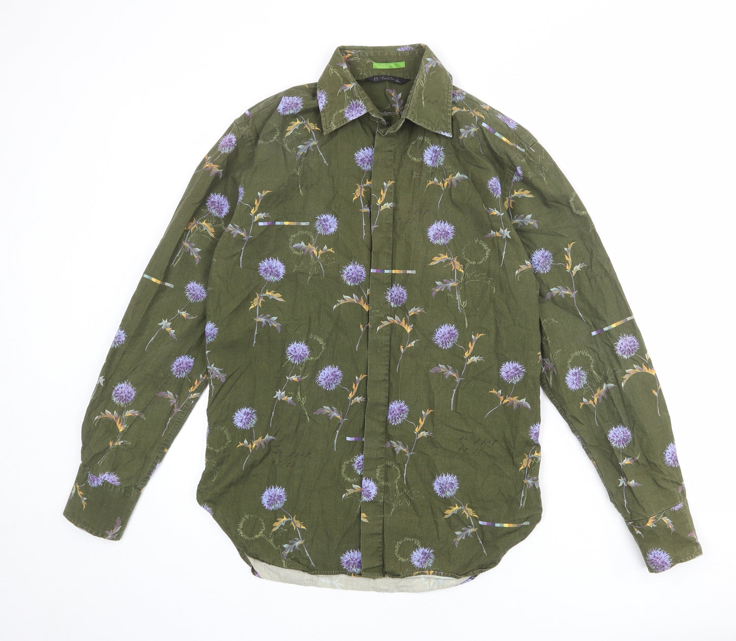 Paul Smith Mens Green Geometric Cotton Button-Up Size M Collared Button - Thistle pattern