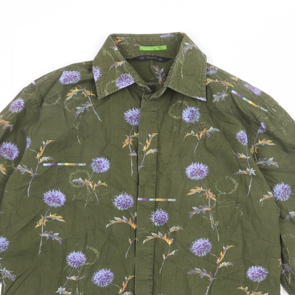 Paul Smith Mens Green Geometric Cotton Button-Up Size M Collared Button - Thistle pattern