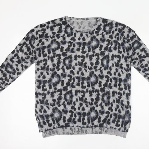 New Look Womens Grey Round Neck Animal Print Viscose Pullover Jumper Size 10 - Leopard Print