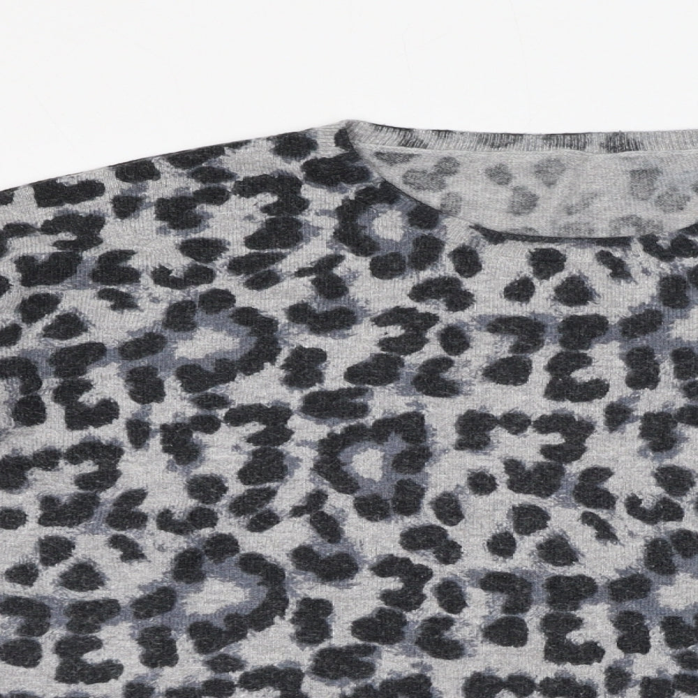 New Look Womens Grey Round Neck Animal Print Viscose Pullover Jumper Size 10 - Leopard Print