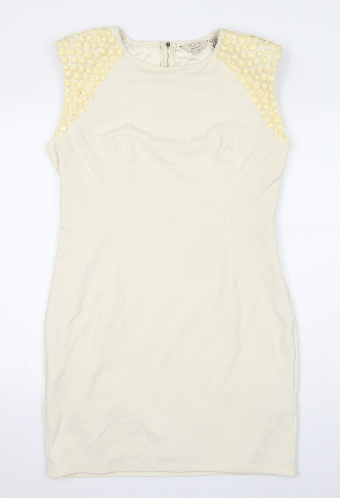 Ted Baker Womens Ivory Polyester Shift Size 14 Round Neck Zip