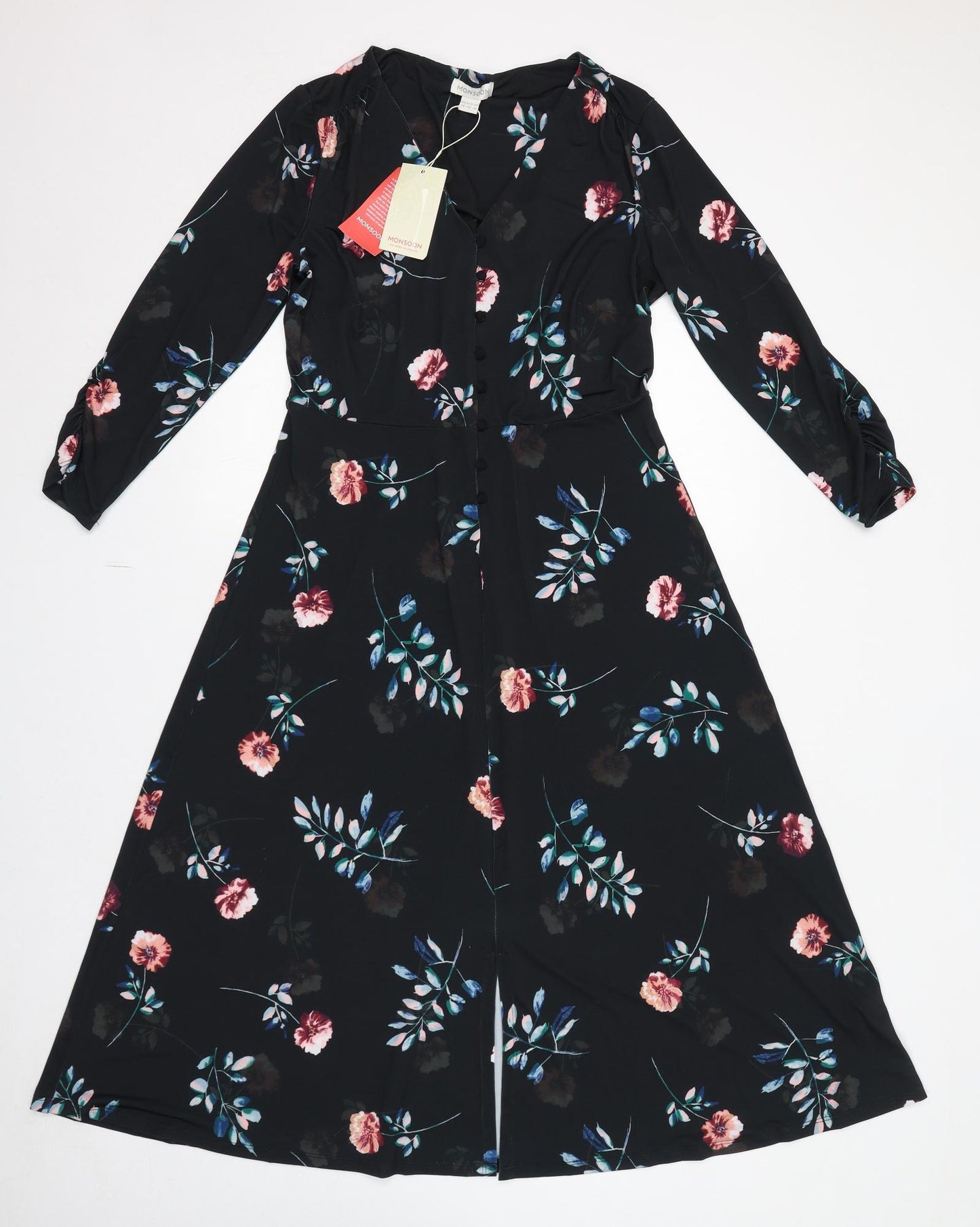 Monsoon Womens Black Floral Polyester A-Line Size 14 V-Neck Pullover