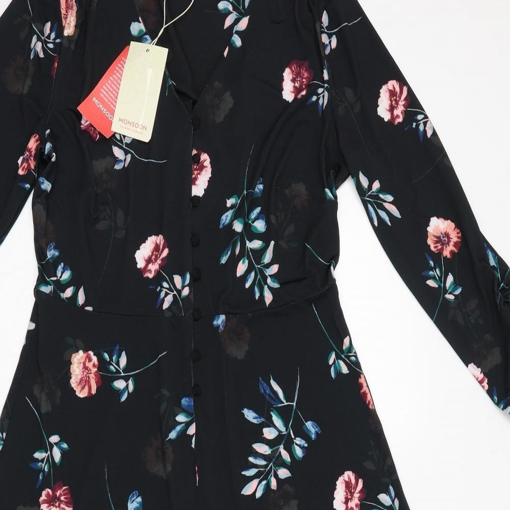 Monsoon Womens Black Floral Polyester A-Line Size 14 V-Neck Pullover