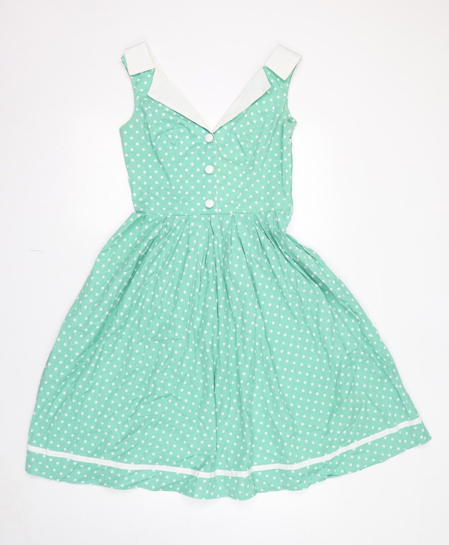 Hell Bunny Womens Green Polka Dot Cotton Fit & Flare Size S V-Neck Zip