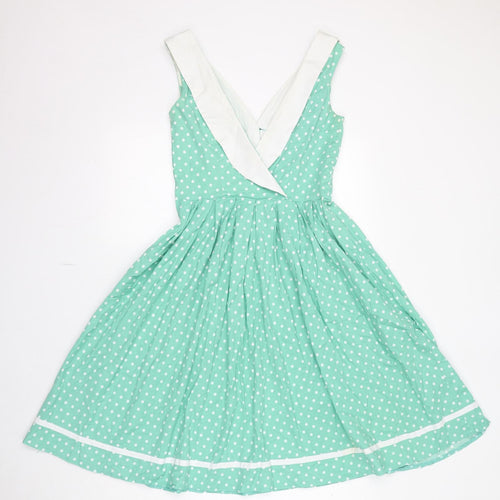 Hell Bunny Womens Green Polka Dot Cotton Fit & Flare Size S V-Neck Zip
