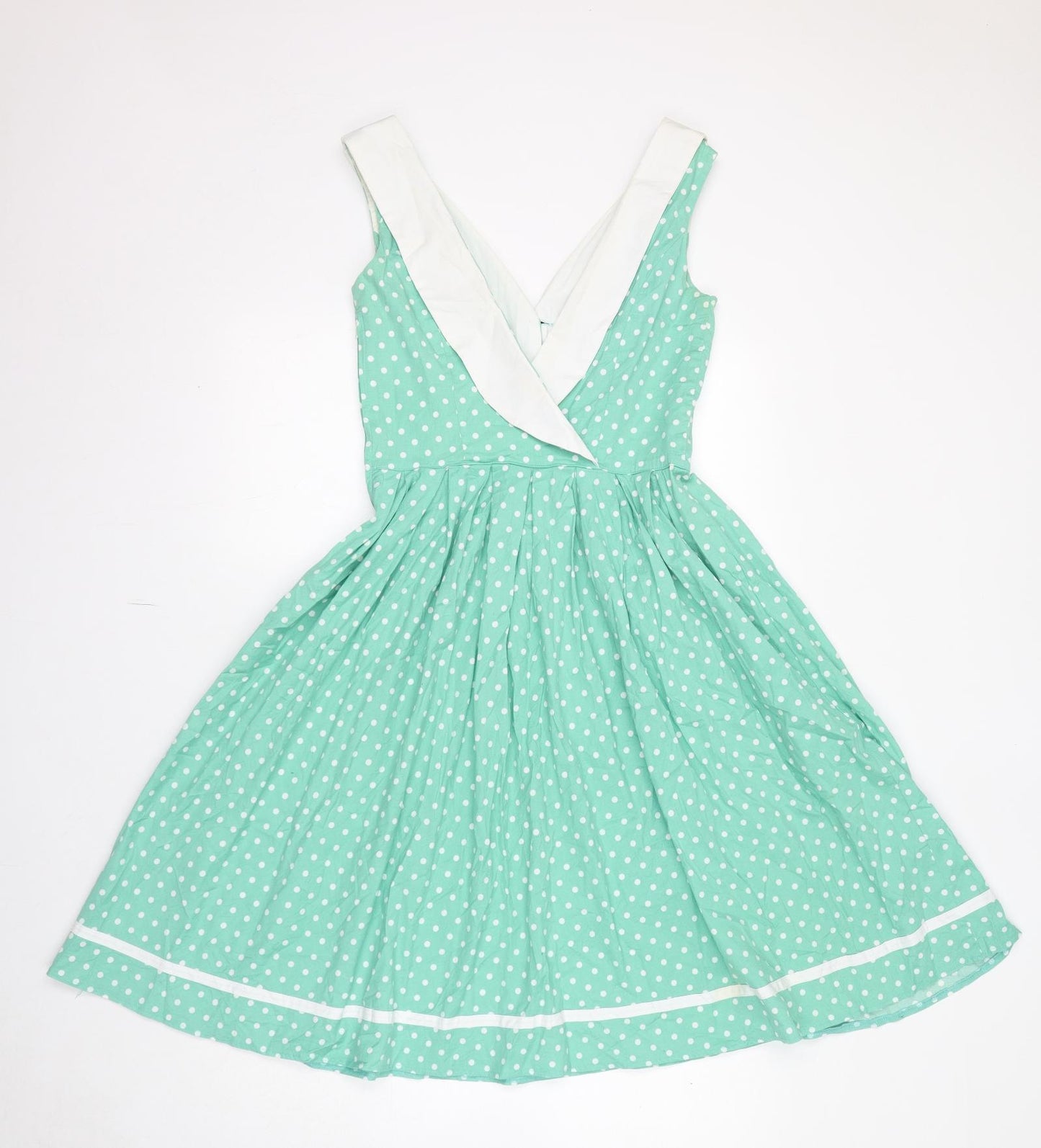 Hell Bunny Womens Green Polka Dot Cotton Fit & Flare Size S V-Neck Zip