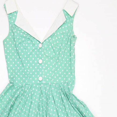 Hell Bunny Womens Green Polka Dot Cotton Fit & Flare Size S V-Neck Zip