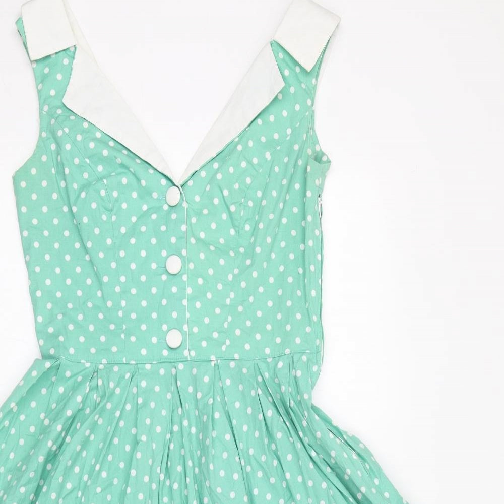 Hell Bunny Womens Green Polka Dot Cotton Fit & Flare Size S V-Neck Zip