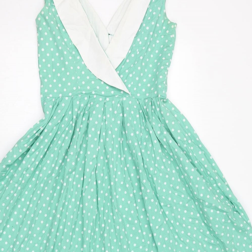 Hell Bunny Womens Green Polka Dot Cotton Fit & Flare Size S V-Neck Zip