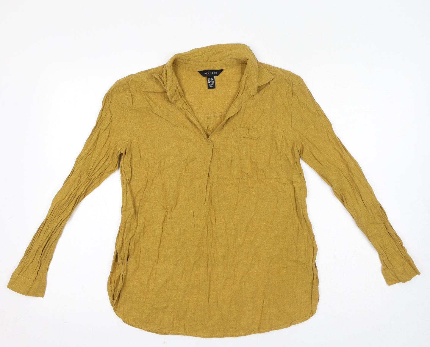 New Look Womens Yellow Cotton Basic Blouse Size 10 Collared