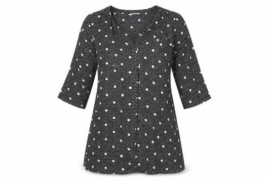 Front view of Only women’s black polka dot viscose a-line, size UK 10, v-neck pullover