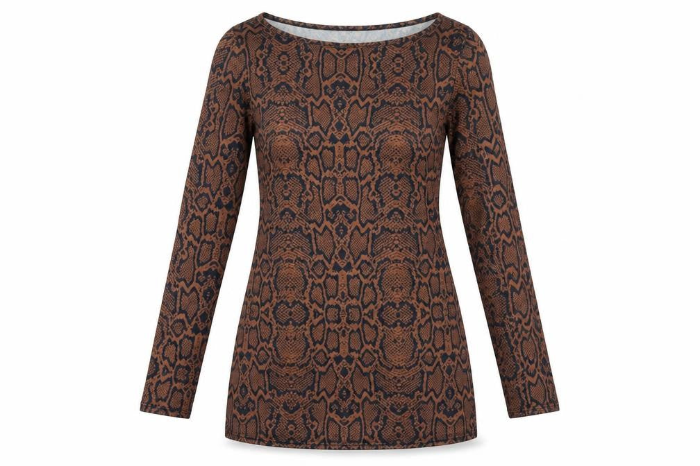 Front view of River Island women’s brown animal print polyester bodycon, size UK 10, boat neck pullover - snakeskin pattern