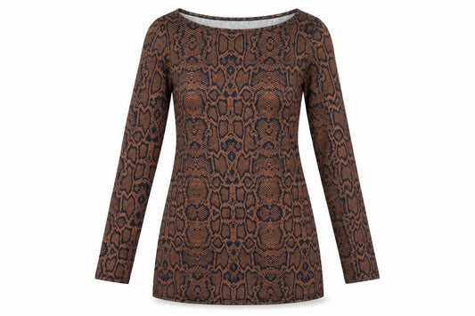 Front view of River Island women’s brown animal print polyester bodycon, size UK 10, boat neck pullover - snakeskin pattern