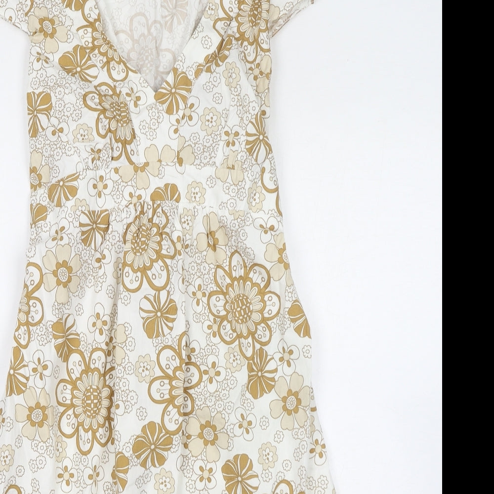 Moda Womens White Floral 100% Cotton A-Line Size 10 V-Neck Pullover