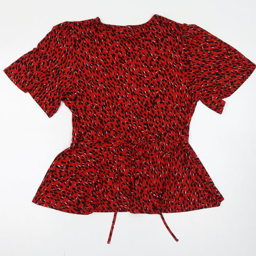 New Look Womens Red Geometric Viscose Basic Blouse Size 14 Round Neck