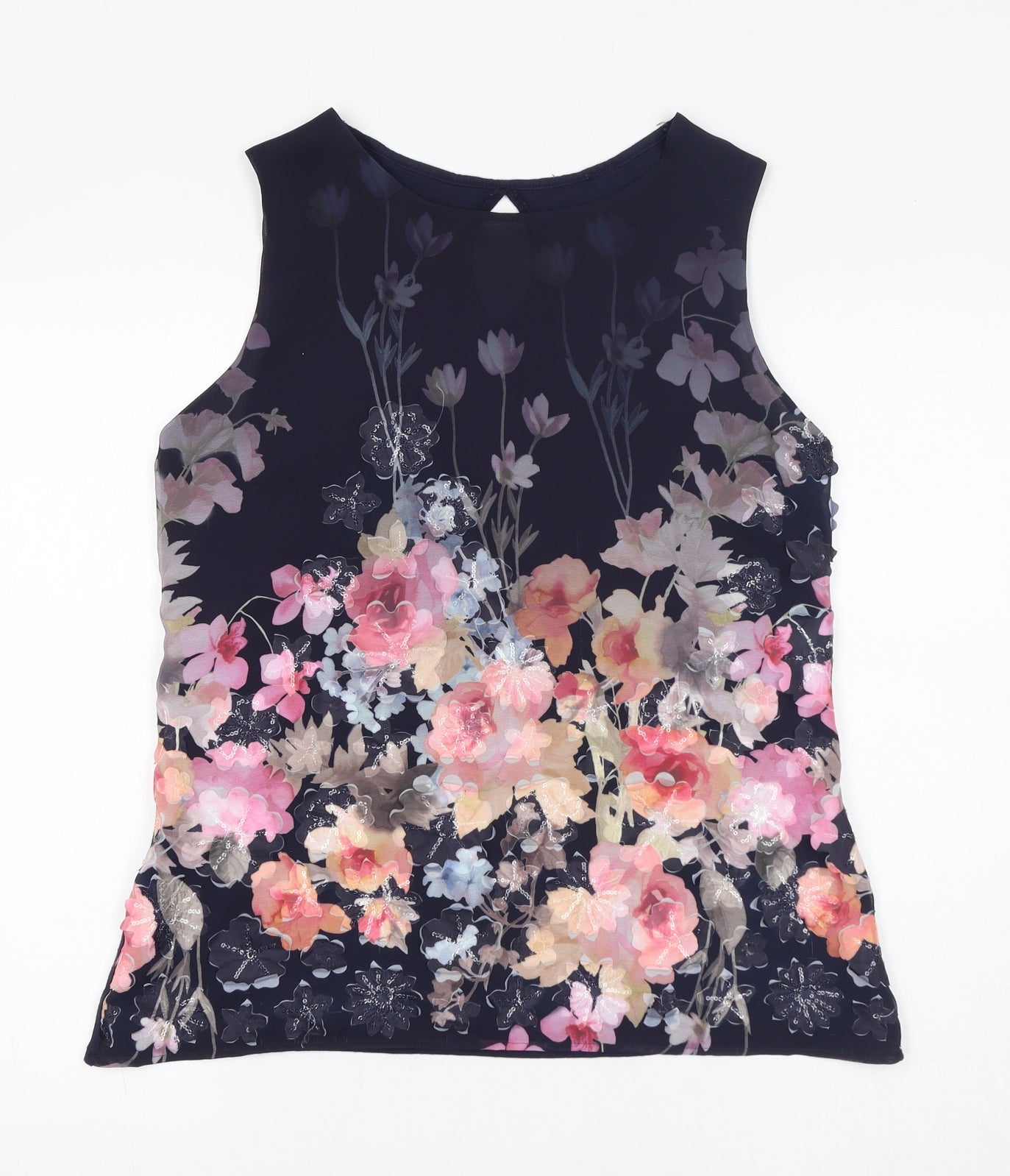 NEXT Womens Blue Floral Polyester Basic Tank Size 12 Round Neck