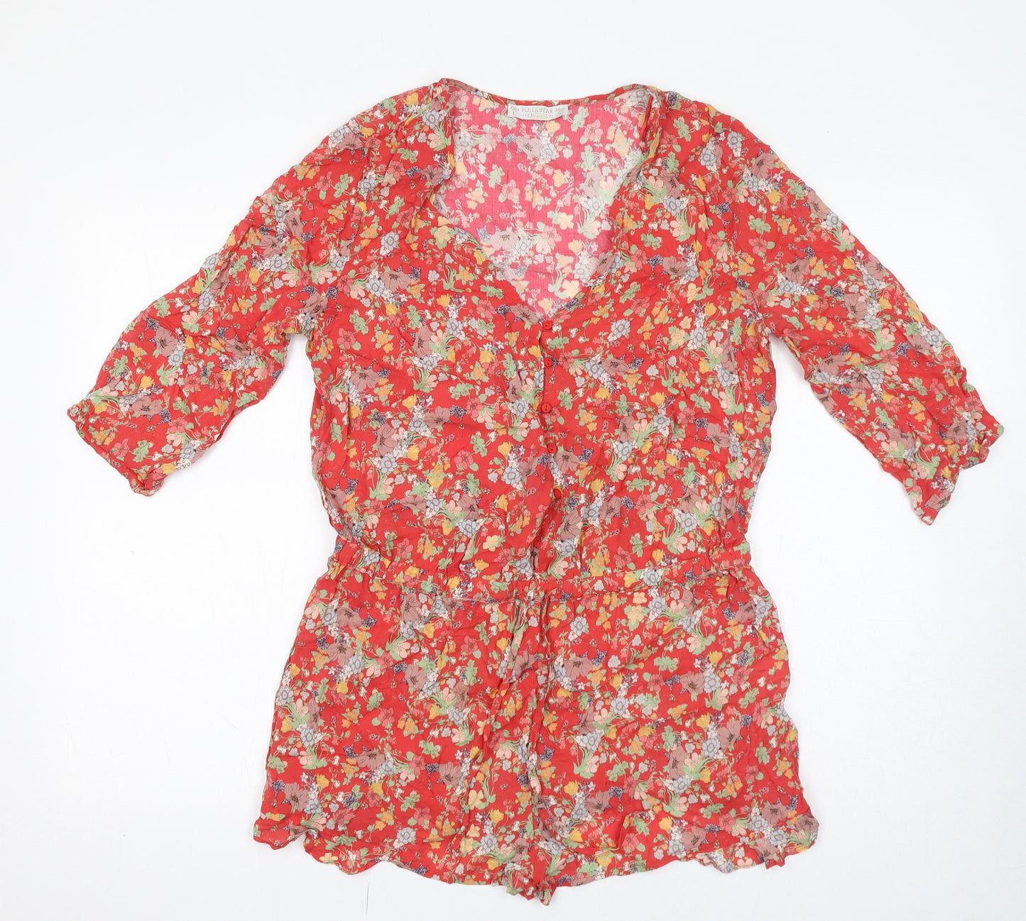 Pull&Bear Womens Red Floral Viscose Playsuit One-Piece Size L L13 in Pullover