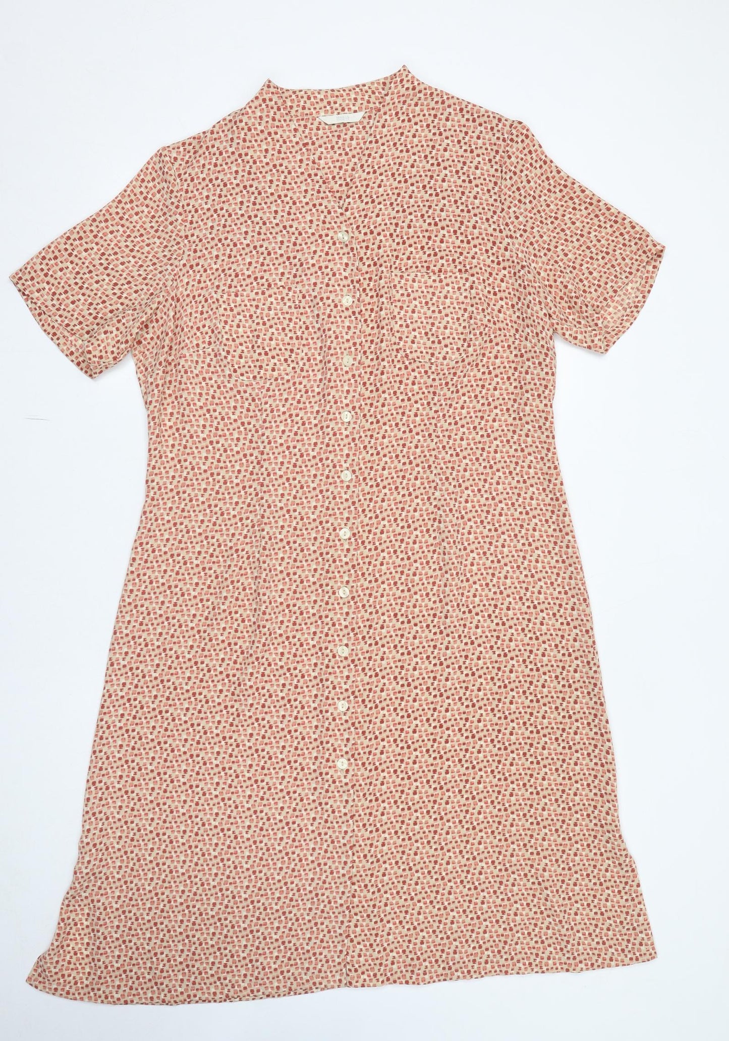 Marks and Spencer Womens Beige Geometric Polyester A-Line Size 18 V-Neck Button