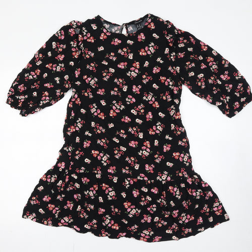 New Look Womens Black Floral Viscose Mini Size 14 Round Neck Pullover