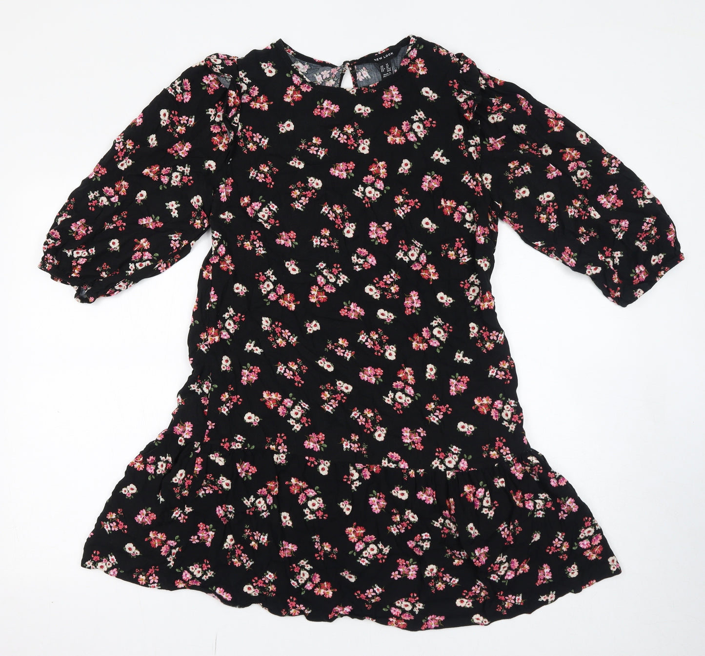 New Look Womens Black Floral Viscose Mini Size 14 Round Neck Pullover