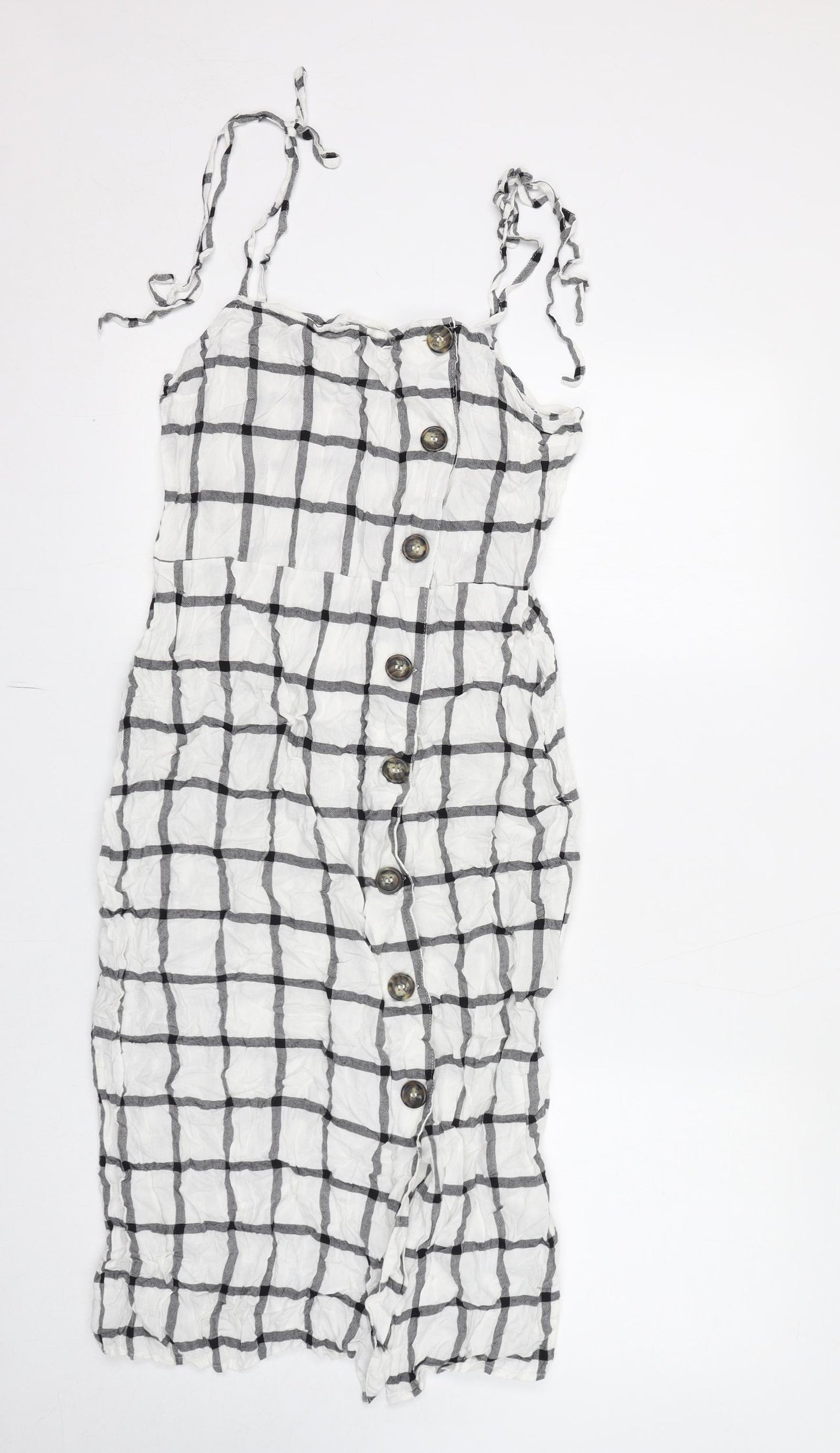 ASOS Womens White Check Viscose Slip Dress Size 12 Square Neck Button