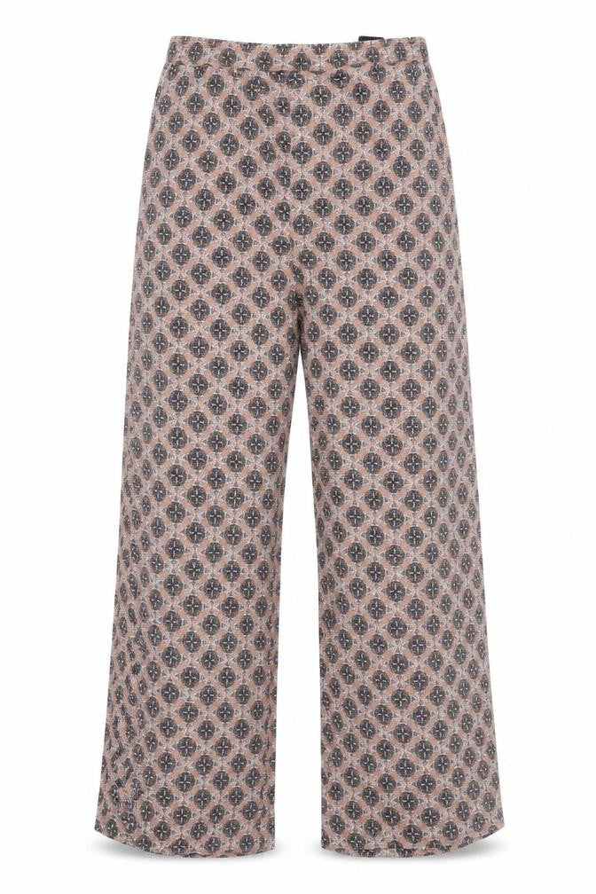 Front view of H&M women’s beige geometric viscose trousers, size UK 4, 27-inch leg regular