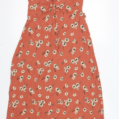 Mango Womens Orange Floral Viscose Slip Dress Size 8 V-Neck Pullover